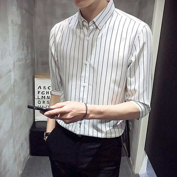 

shirt summer men's 3 / 4 sleeve long trend stripe korean slim casual, White;black