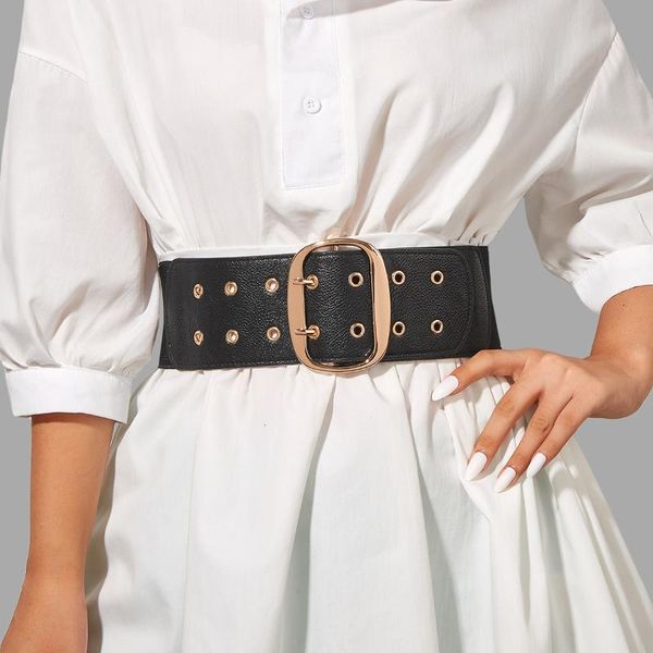 

belts black ladies fashion retro simple atmosphere wild gold light body buckle elastic belt waist wide, Black;brown