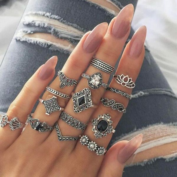 

cluster rings 10pcs/set vintage silver color lotus for women black rhinestone geometric flower knuckle midi ring jewelry, Golden;silver