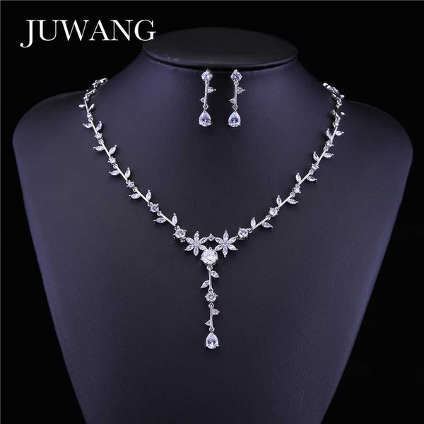 Juwang Marca Clear Flor Crystal Jewelry Set para Mulher Cúbica Zircônia Mulheres Jóias Conjuntos Brinco Colar De Conjunto de Colar Acessórios H1022