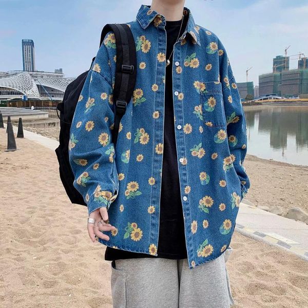 

men's casual shirts chrysanthemum full printed long sleeve shirt trend loose japanese hawaiian ruffian handsome sunscreen jacket men, White;black