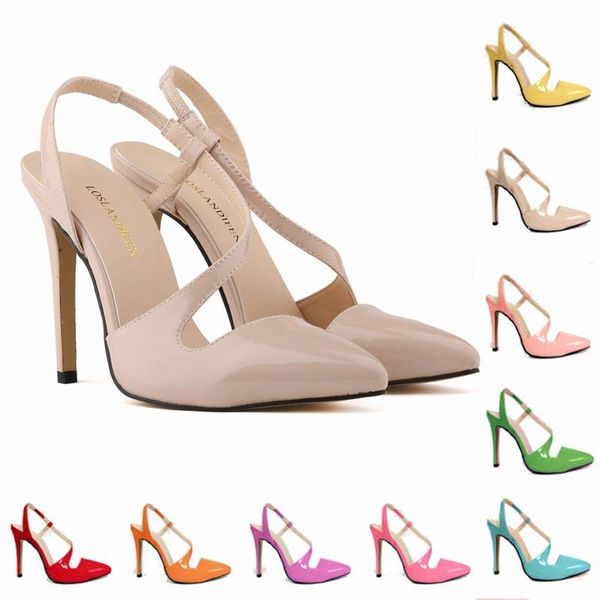 

women sandals pu leather office shoes pointed toe 11cm thin high heels slip on sandalias mujer 2021 size 35-42, Black