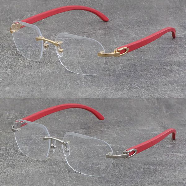 Atacado Estilos Clássicos Estilos sem aro Metal Frames Homem Mulher Luxo Óptica Novo Vermelho Eyeglasses De Madeira 18k Quadro De Ouro 3524012 Óculos De Madeira Diamante Corte Lente Eyewear Tamanho: 58