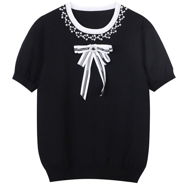 

women's sweaters brand design luxury knitwear short sleeve 2021 summer fashion women pullover short-sleeved o-neck beaded bow black clo, White;black