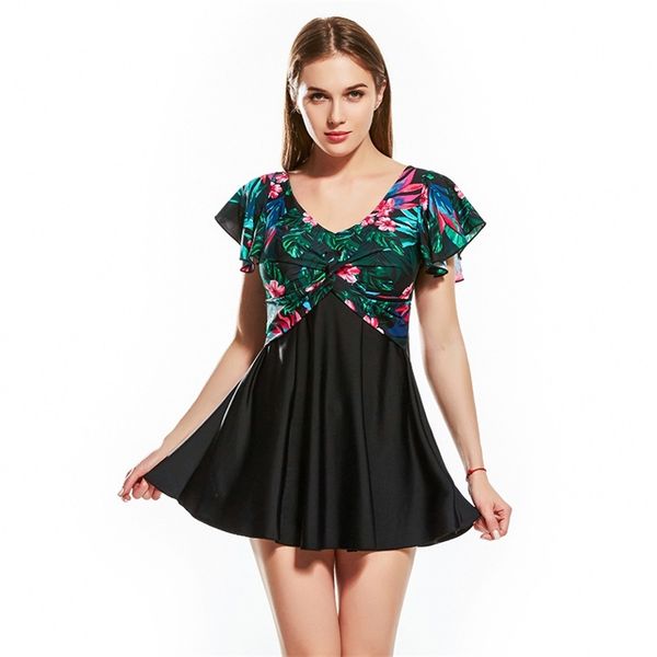 

vintage swimwear women swimsuit two-piece slim swimdress suits 4xl 5xl plus size floral beach bathing wholesale 210728, White;black