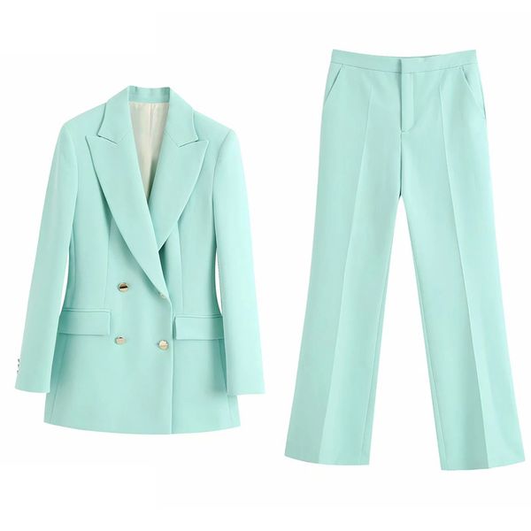 

women's solid color double-breasted blazer+high waist wide leg suit pants set fall clothes for women two piece set women 210422, White
