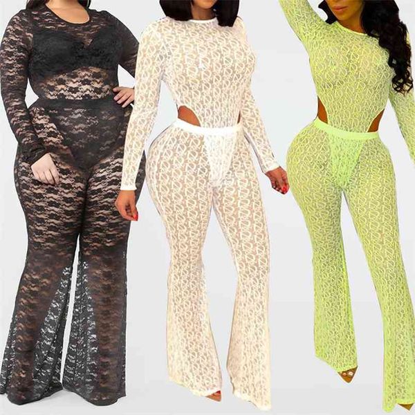 

mesh see-through printed 2 pcs set o-neck long sleeve bodysuit + bandage flared pants skinny outfits suits party club wear 210517, White