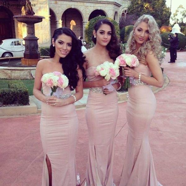 

bridesmaid dress pink long sleeveless backless beaded crystals belt split side formal maid of honor gown plus size custom made, White;pink