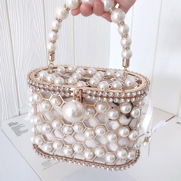 

luxury pearl women's handbag hollow out wedding clutch purse bag female rhinestone metal cage basket shoulder bag zd1846 c0121