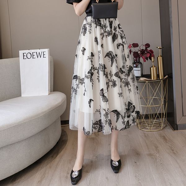 

butterfly embroidered a-shaped women's summer 2021 large pendulum medium and long mh high waist pleated skirt, Black