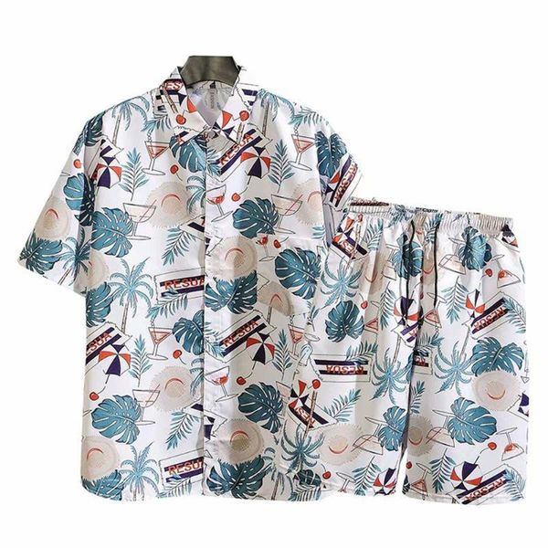 

men's hawaiian shirts and shorts floral printed turn down collar casual beach 2 pcs sets funny t-shirts, White;black