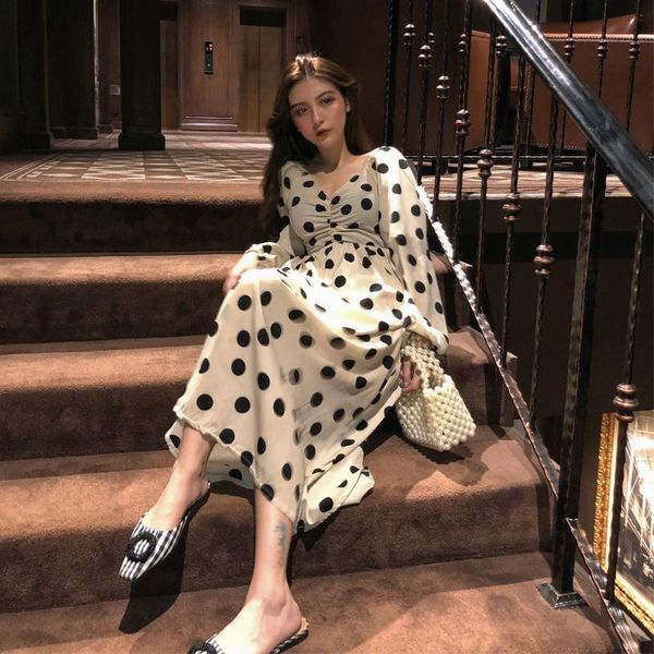 

casual dresses women 2021 spring summer polka dot dress female elegant lantern sleeve a line v neck party retro slim vestidos z05, Black;gray