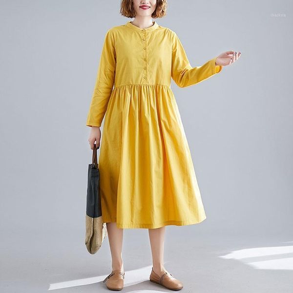 

women cotton linen casual dress 2021 spring simple style vintage stand collar solid color ladies a-line long dresses s3011, Black;gray