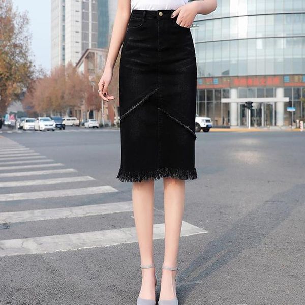 

women's 2021 denim skirt with high waist and slim hips skirts, Black