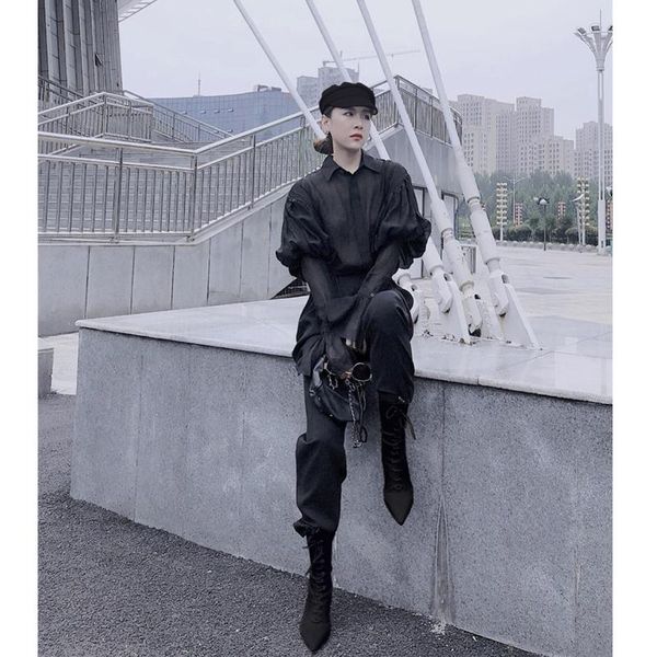 

women's blouses & shirts ael black perspective linen blouse lantern sleeve turn down collar female loose shirt spring summer 2021, White