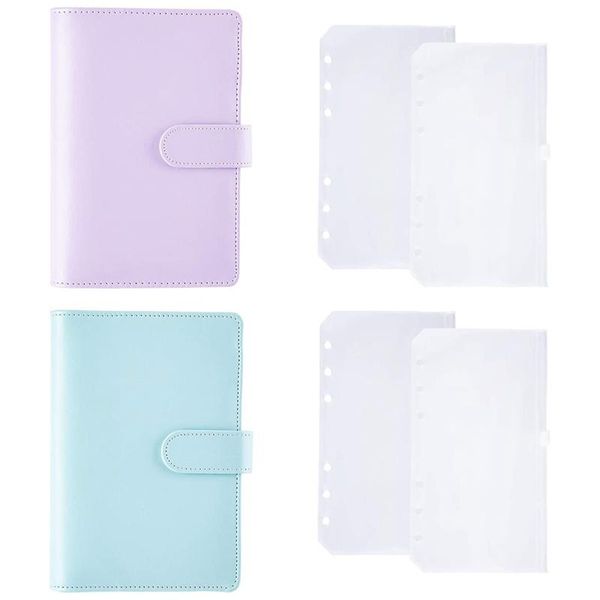 

notepads 2pcs a6 binder pu leather notebook with loose leaf zipper pocket refillable 6 round ring cover (purple,blue), Purple;pink