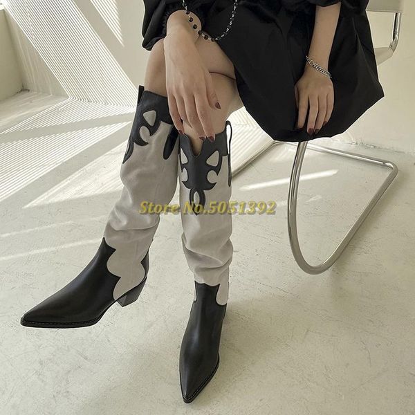 

boots patchwork knee high mid heel 5 cm pointed toe pleated white black runway fashion winter autumn slip on