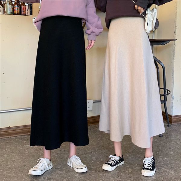 

skirts fdfklak fashion chic high waist wild a-line skirt long knitted skirt female wool slim students skirts jupe femme faldas p455, Black