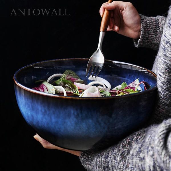 

dim blue retro kiln glaze ceramic fruit salad bowl 9inch large capacity restaurant household tableware bowls