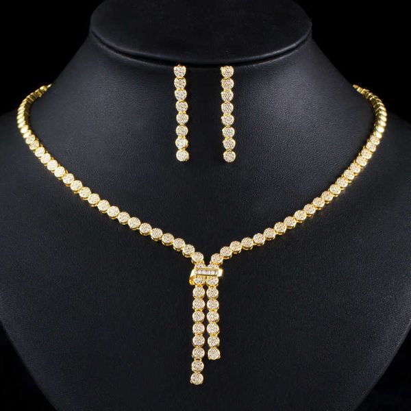 CWWZircons African Nigerian Gold Wedding Set di gioielli da sposa ciondolano la collana con orecchini pendenti per le donne Accessori per abiti da festa T406 H1022