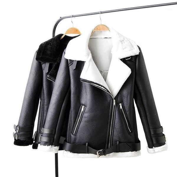 

women's leather & faux fmfssom autumn winter lamb jacket warm windproof turn down collar sheepskin coat women pu motorcyle biker outerw, Black