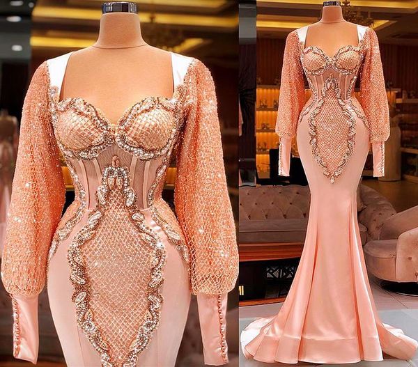 Плюс размер арабский aso ebi роскошные русалки сексуальные выпускные платья peach розовые кружева из бисера с длинными рукавами вечерняя формальная вечеринка второе приемное платье платье cg001