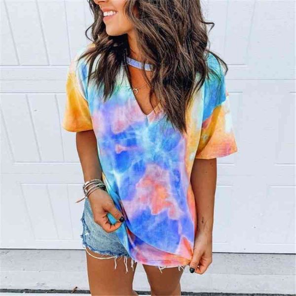 

hollow out t-shirt tie dye tee women summer short sleeve harajuku camiseta mujer tee shirt femme streetwear v-neck tee 210412, White