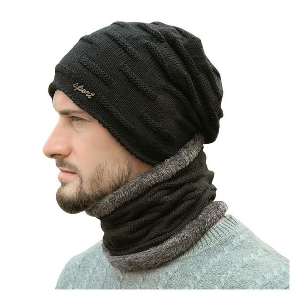 

berets fashion outdoor men's winter knitted fleece windproof hood scarf hats sets knit warm daily accesorios, Blue;gray