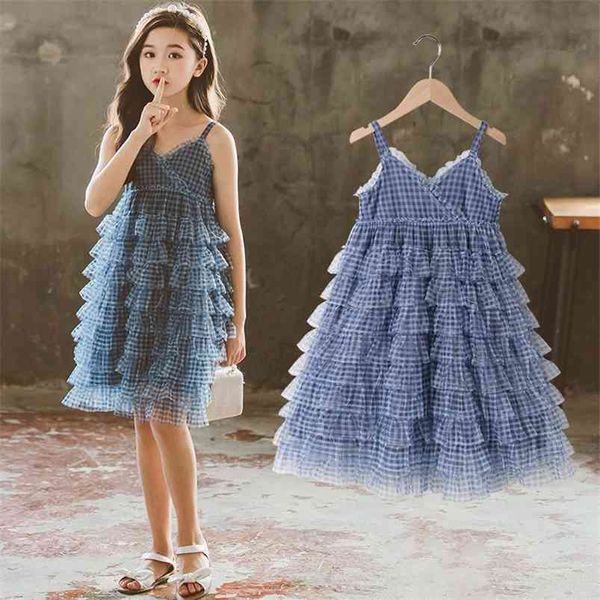 

summer girls dress cute strap mesh blue layered vestidos 3-12t 210629, Red;yellow