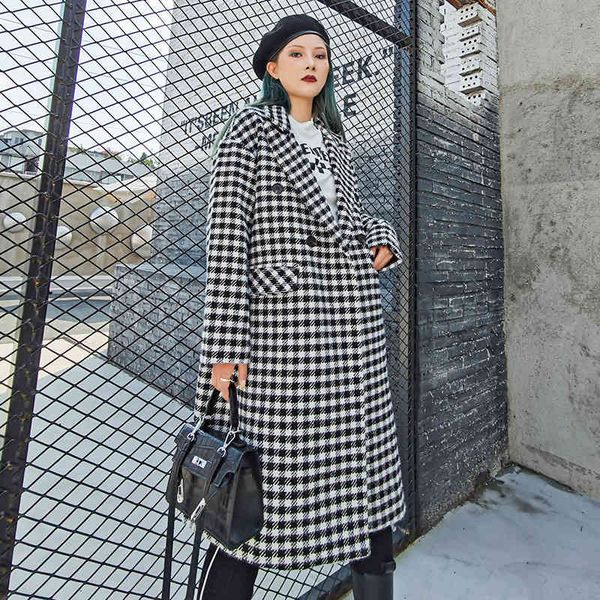 

wool winter woolen women's european station high-end large size thickened long houndstooth coat senior model, Black