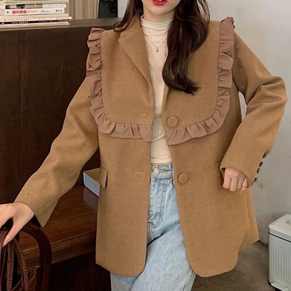 

women's jackets vintage chic ruffles patchwork design single breasted long sleeve outwear autumn winter notched collar jacket women, Black;brown