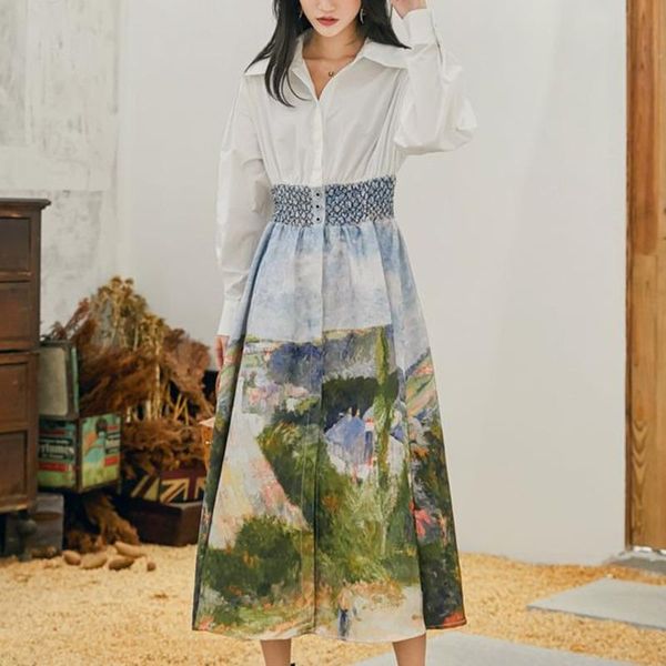 

casual dresses fashion tide autumn women loose plus lapel oil painting hem long sleeve dress tc719, Black;gray