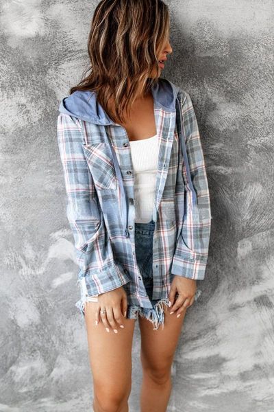 

women's wool & blends 2021 jacket hooded loose plaid coats street design autumn long sleeve single breasted coat, Black