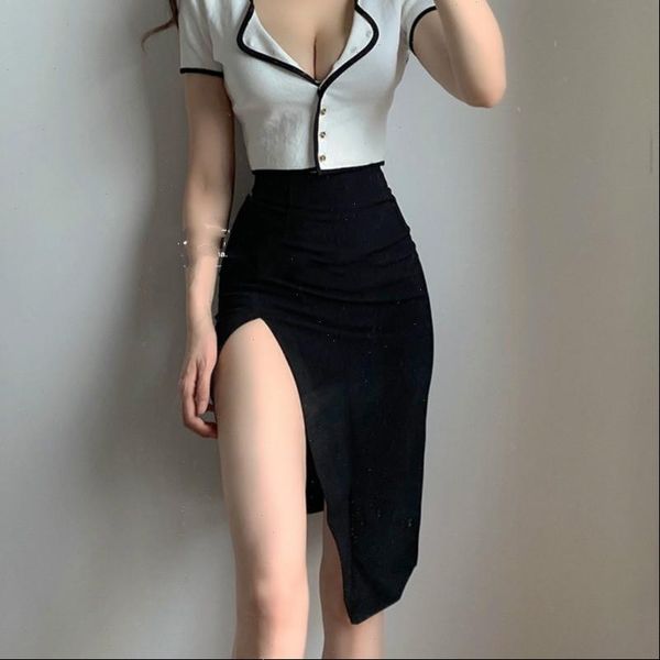 

spring fashion solid color irregular women skirt side thin high waist girl female woman thigh exposed skirts 888y, Black