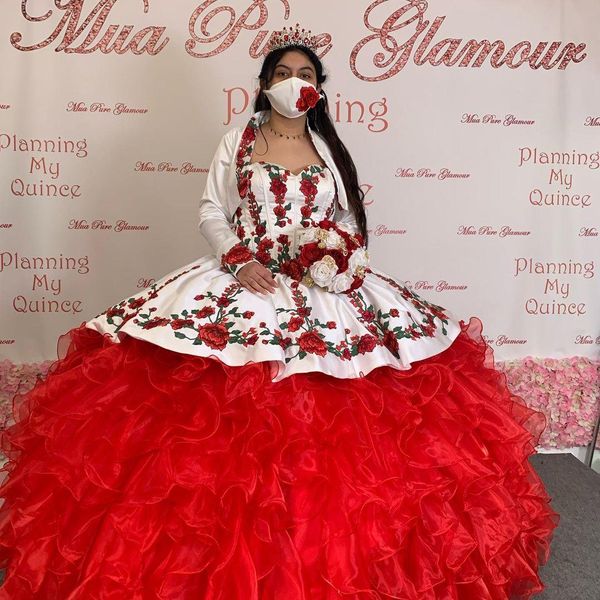 Vestido de bola vermelha quinceanera vestidos com jaqueta querida doce 16 vestido cascading ruffles saia bordado cetim vestidos de masquerade