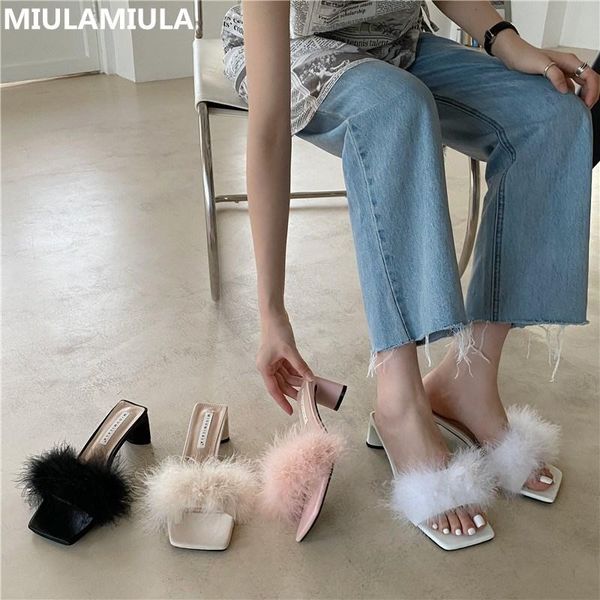 

dress shoes fashion elegant soft hair high heel woman pumps brand designer socofy fur slip on loafers mules footwear casual, Black