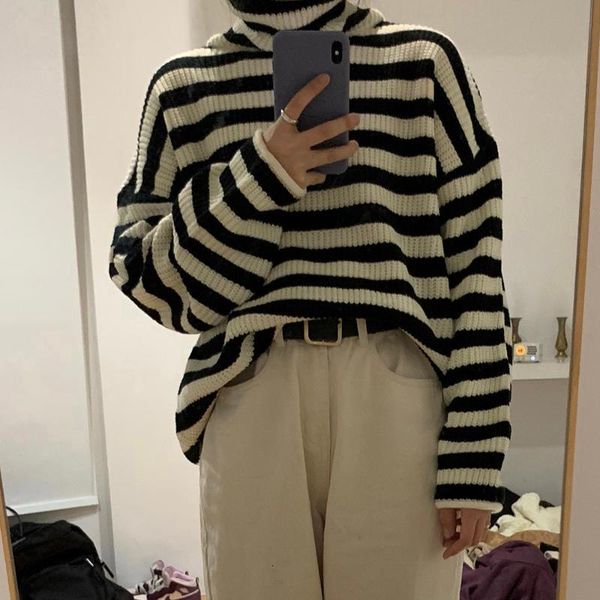 

women's sweaters korean version japanese sweater fashion loose autumn winter stripe push collar long sleeve knitting sweater, White;black