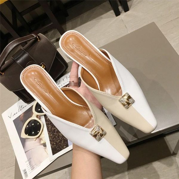

slippers 2021 mules shoes black women pointed toe summer ladies luxury crystal med heel leather slipper outside woman slides