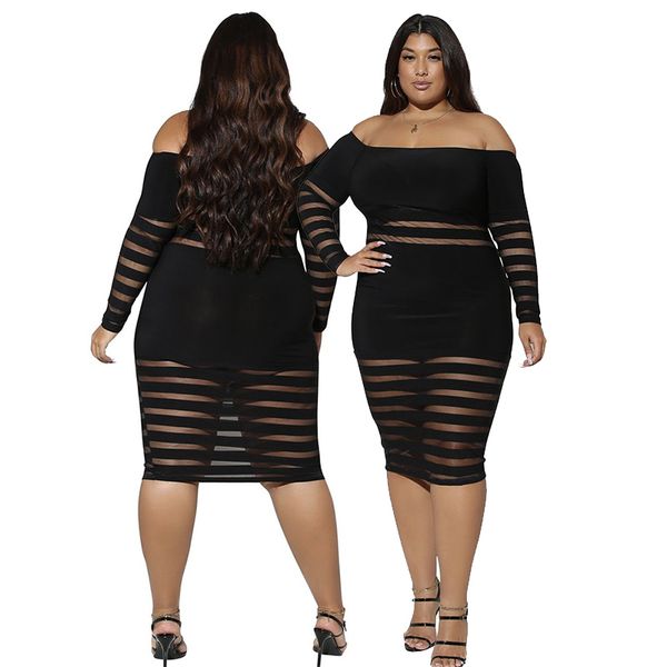 

plus size women long sleeve dresses transparent mesh slash neck off shoulder black bodycon wholesale dropshipping, Black;gray