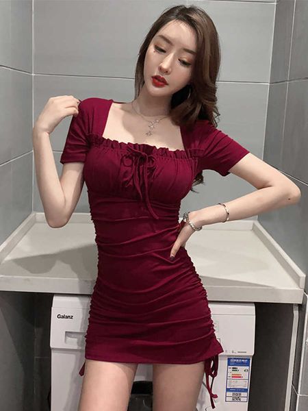 

temperament dress with clavicle, back tie, waist slimming, tight-fitting square collar, drawstring bag hip 210603, Black;gray