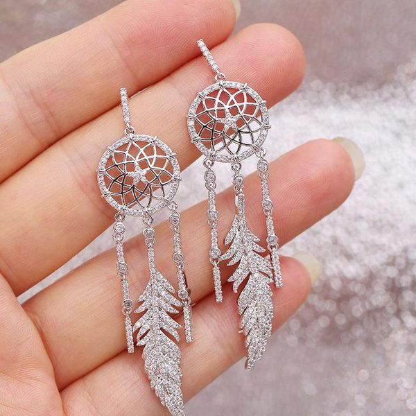 

dangle & chandelier dainty long tassel gold dream catcher earring feather charms boho dreamcatcher earrings hyperbole cubic zirconia silvery, Silver