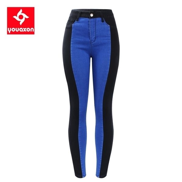 2131 Youaxon Jeans de cintura alta Mujer Negro Azul Elástico Rayas laterales Pantalones pitillo de mezclilla Pantalones para mujer 210809