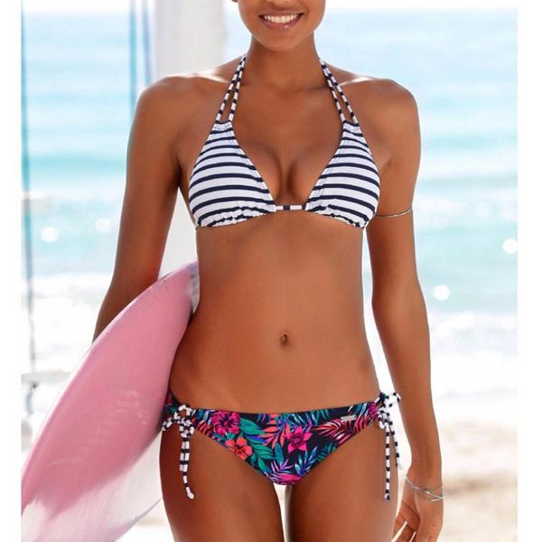 

women floral print bikini set summer halter bandage push-up swimsuit bathing brazilian swimwear low waist one-piece suits
