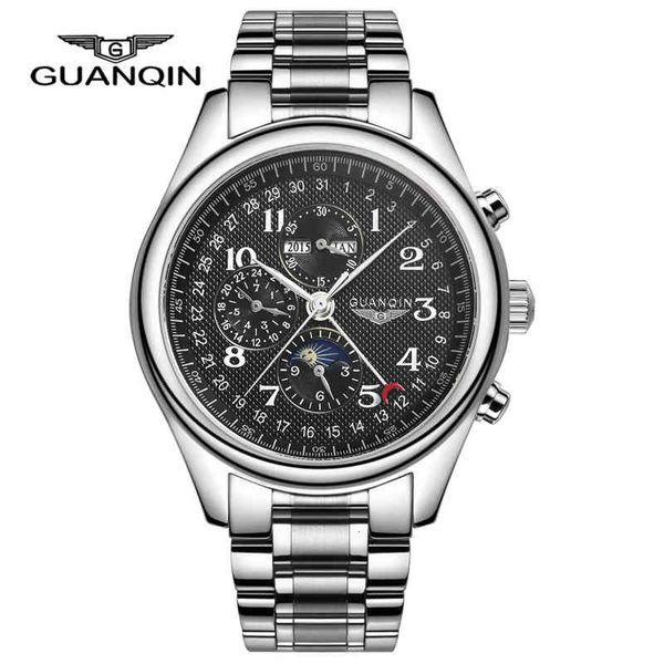 

luxury brand guanqin mechanical men watching perpetual calendar moon phase design automatic watches montre homme, Slivery;brown