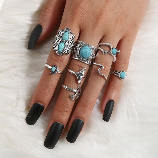 

fashion diamond turquoise joint ring personalized crescent fish tail 8-piece combination ring for women, Golden;silver