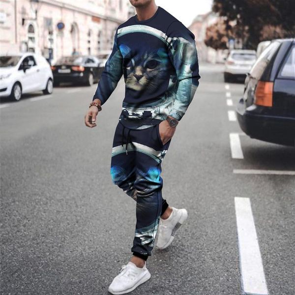 

men's tracksuits summer fashion casual 3d animal print suit sportswear wear sports shirt long-sleeved trousers 2-piece set, Gray