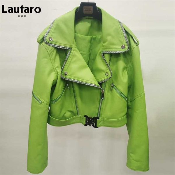 

lautaro autumn short green soft faux leather biker jacket women long sleeve zipper belt designer european and american fashion 211215, Black