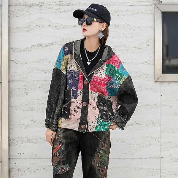 

women's jackets streetwear clothes coat woman 2021 autumn spliced print washed denim knitting hooded hole casual single breasted female, Black;brown