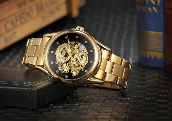 

european and american fashion high-end forsining european american style mens fashion casual steel belt dragon watch hollow wholesale automa, Slivery;brown
