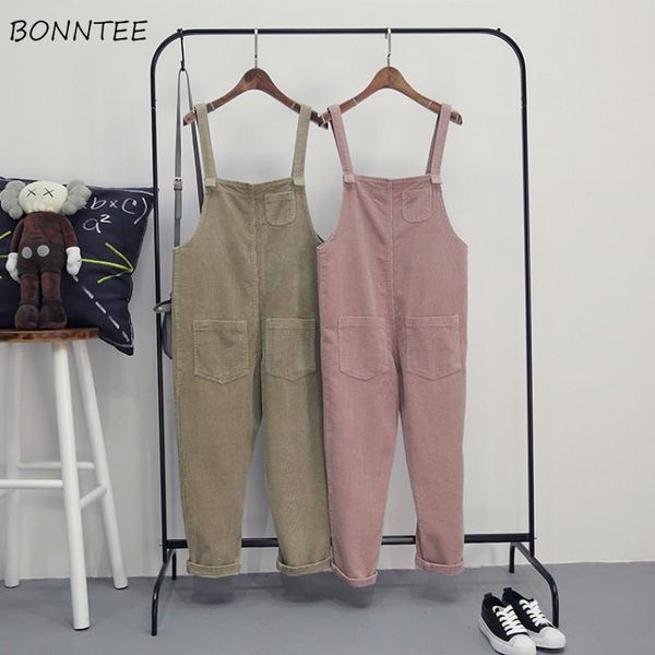 

women's jumpsuits & rompers women solid korean style loose all-match trendy harajuku streetwear pockets womens leisure female corduroy, Black;white